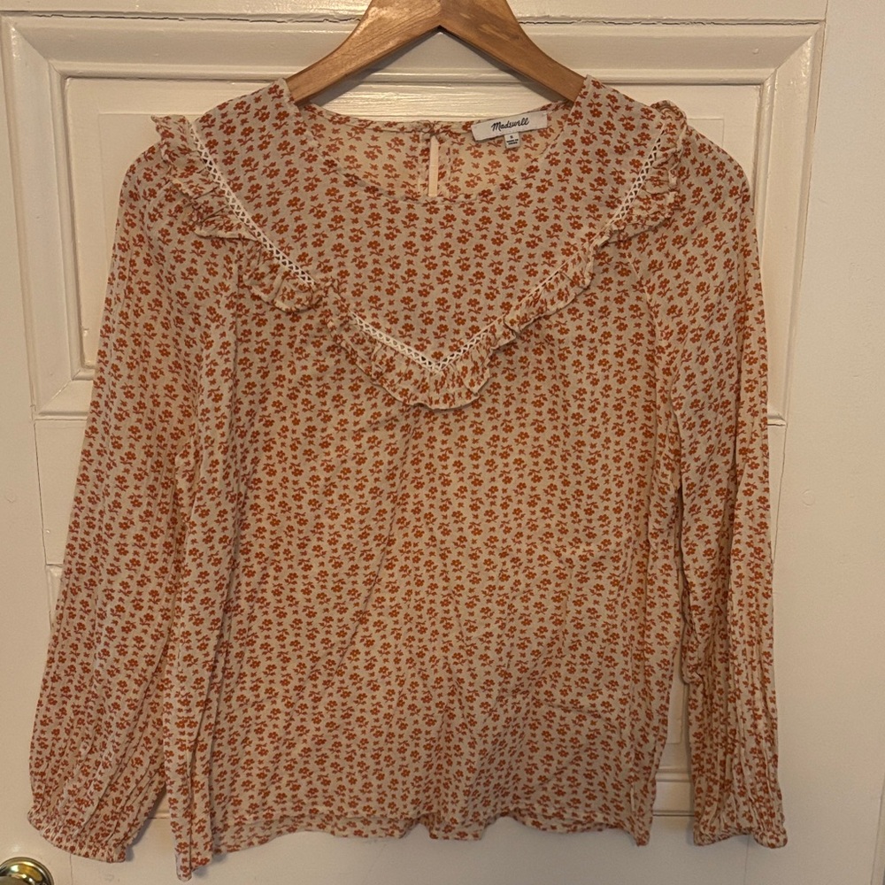 Madewell Floral Ruffle Blouse - Red and Cream
